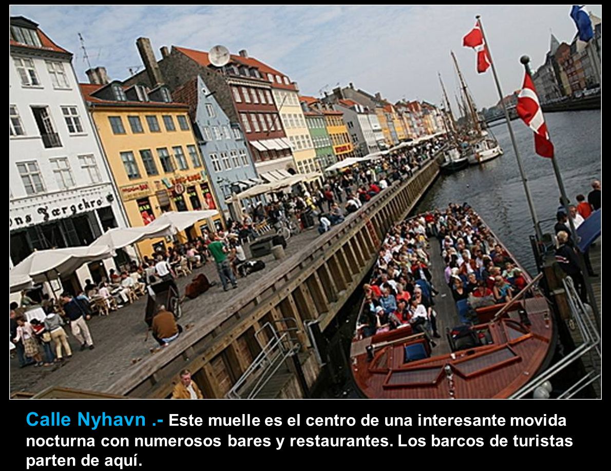 Calle Nyhavn .- Este muelle es el centro de una interesante movida nocturna con numerosos bares y restaurantes.