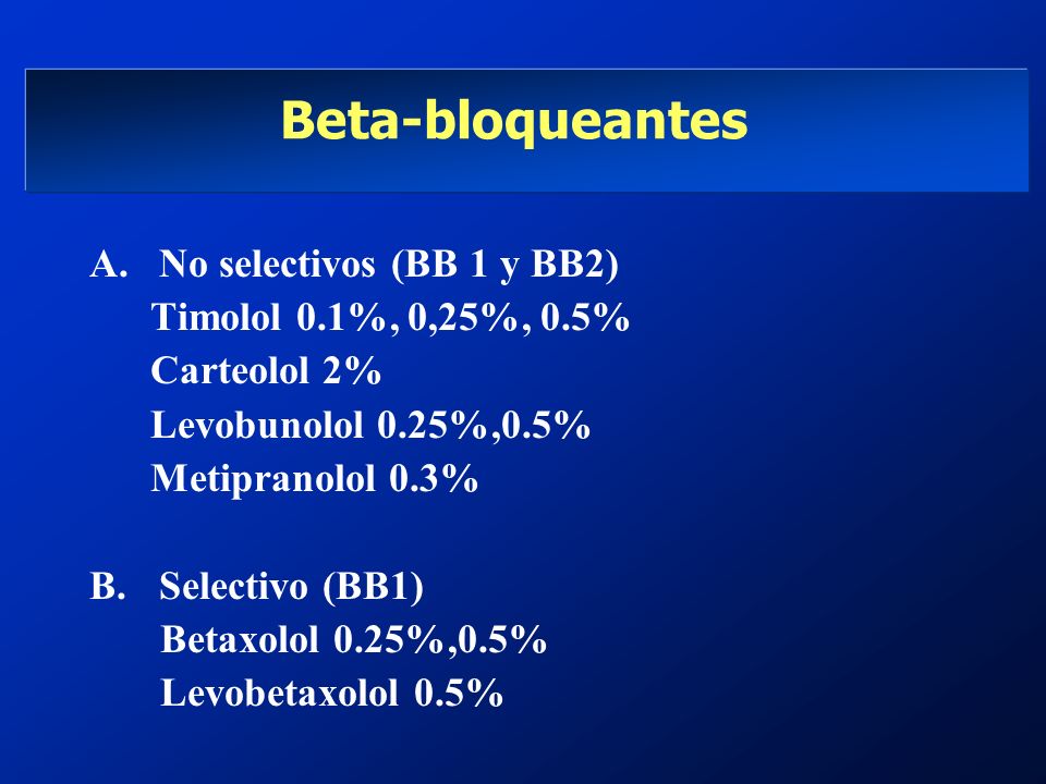 Beta-bloqueantes No selectivos (BB 1 y BB2) Timolol 0.1%, 0,25%, 0.5%