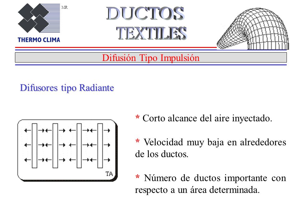 DUCTOS TEXTILES Difusión Tipo Impulsión Difusores tipo Radiante