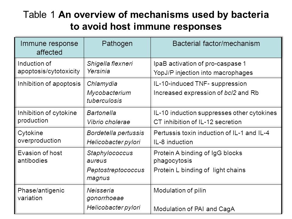 Table 1 An overview of mechanisms used by bacteria to avoid host immune responses
