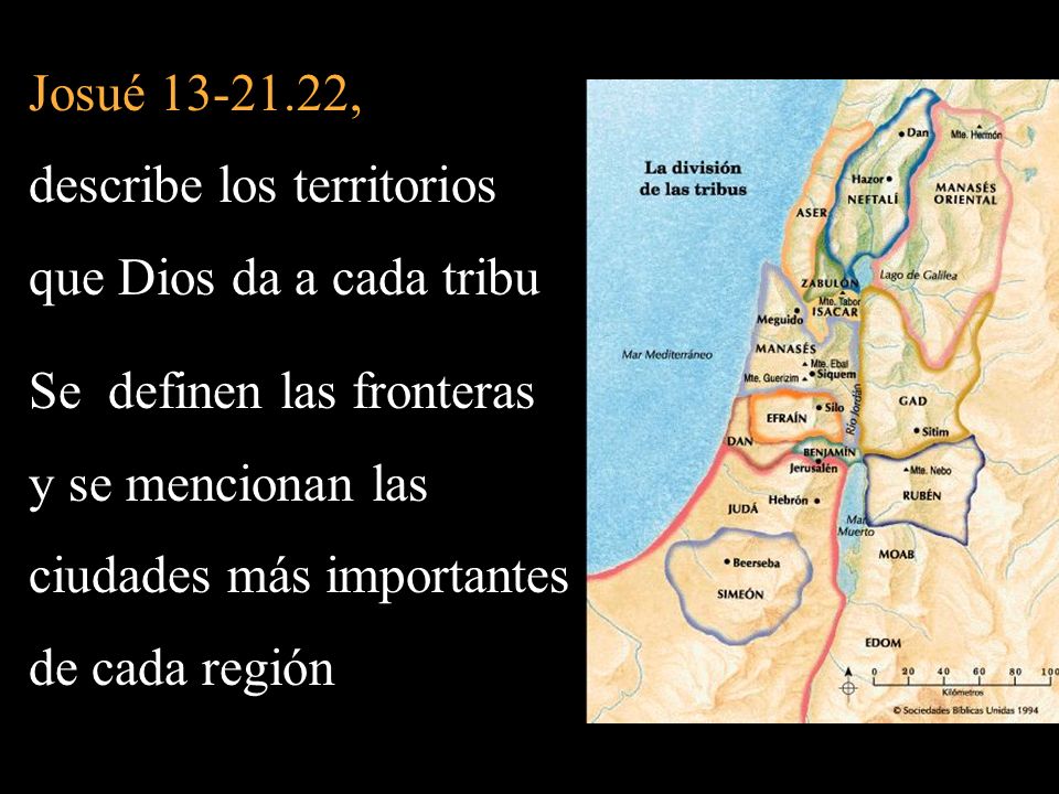 Josué , describe los territorios. que Dios da a cada tribu. Se definen las fronteras. y se mencionan las.