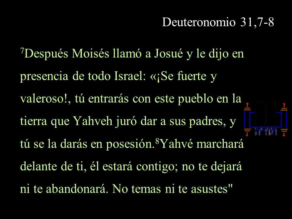 Deuteronomio 31,7-8 7Después Moisés llamó a Josué y le dijo en. presencia de todo Israel: «¡Se fuerte y.