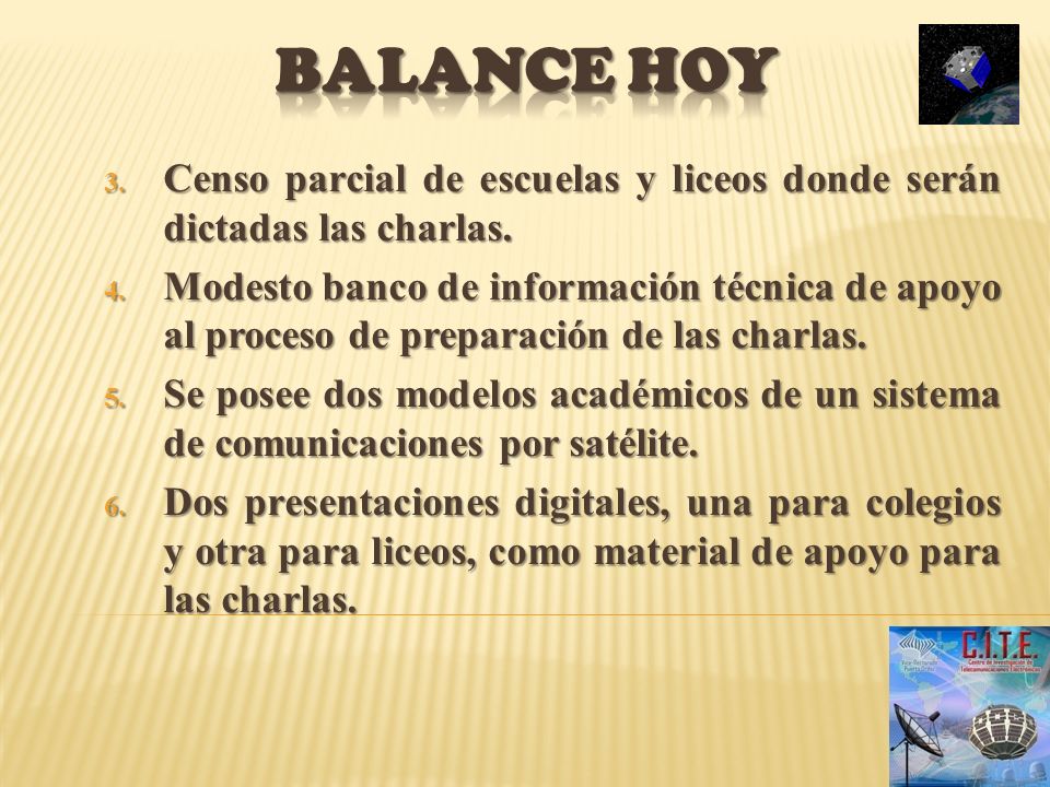 Balance hoy Censo parcial de escuelas y liceos donde serán dictadas las charlas.