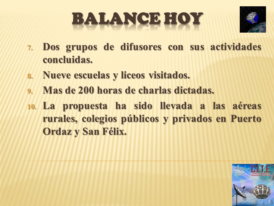 Balance hoy Dos grupos de difusores con sus actividades concluidas.
