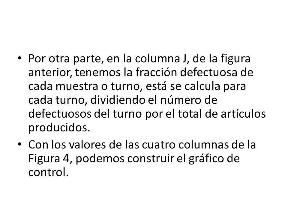 Por otra parte, en la columna J, de la figura anterior, tenemos la fracción defectuosa de cada muestra o turno, está se calcula para cada turno, dividiendo el número de defectuosos del turno por el total de artículos producidos.
