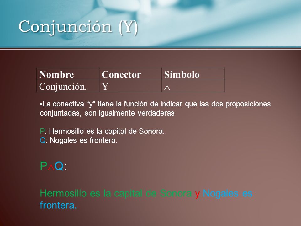 Conjunción (Y) PQ: Nombre Conector Símbolo Conjunción. Y 