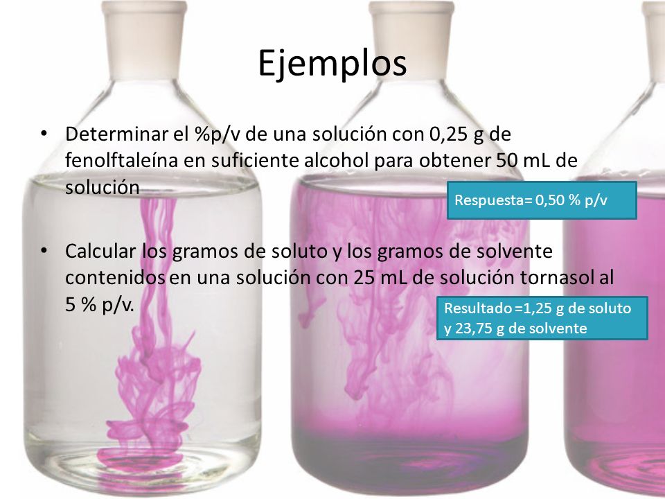 Ejemplos Determinar el %p/v de una solución con 0,25 g de fenolftaleína en suficiente alcohol para obtener 50 mL de solución.