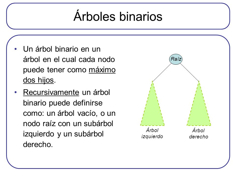 Árboles binarios Un árbol binario en un árbol en el cual cada nodo puede tener como máximo dos hijos.
