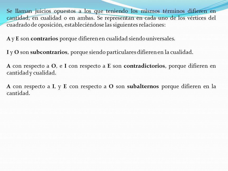 Se llaman juicios opuestos a los que teniendo los mismos términos difieren en cantidad, en cualidad o en ambas. Se representan en cada uno de los vértices del cuadrado de oposición, estableciéndose las siguientes relaciones: