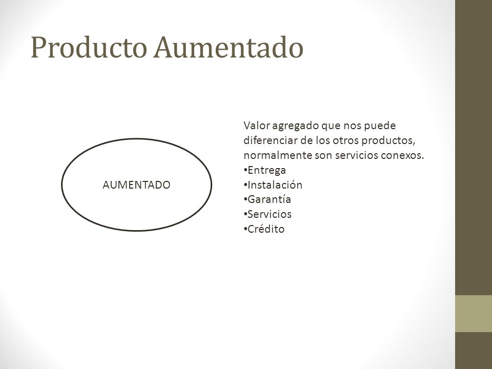 Producto Aumentado Valor agregado que nos puede diferenciar de los otros productos, normalmente son servicios conexos.