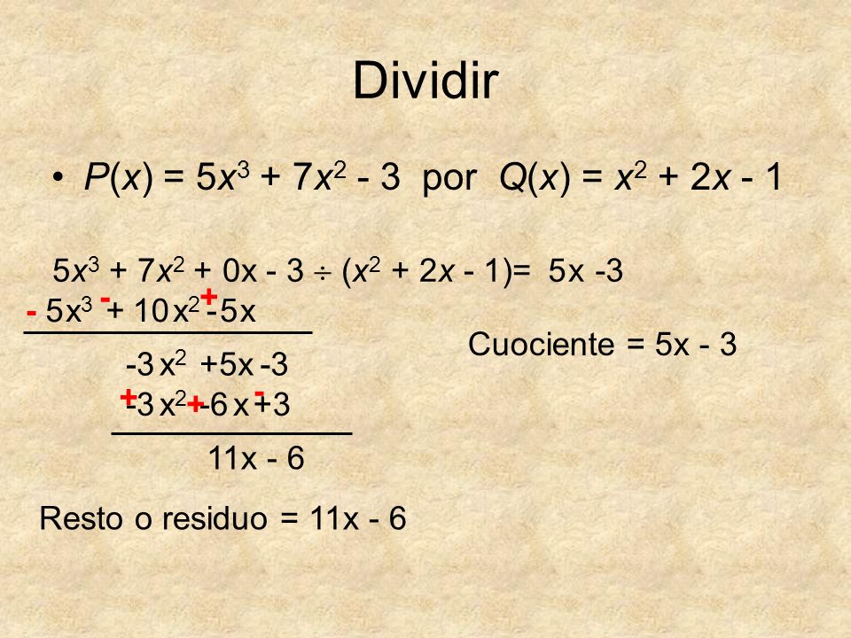 Dividir P(x) = 5x3 + 7x2 - 3 por Q(x) = x2 + 2x - 1