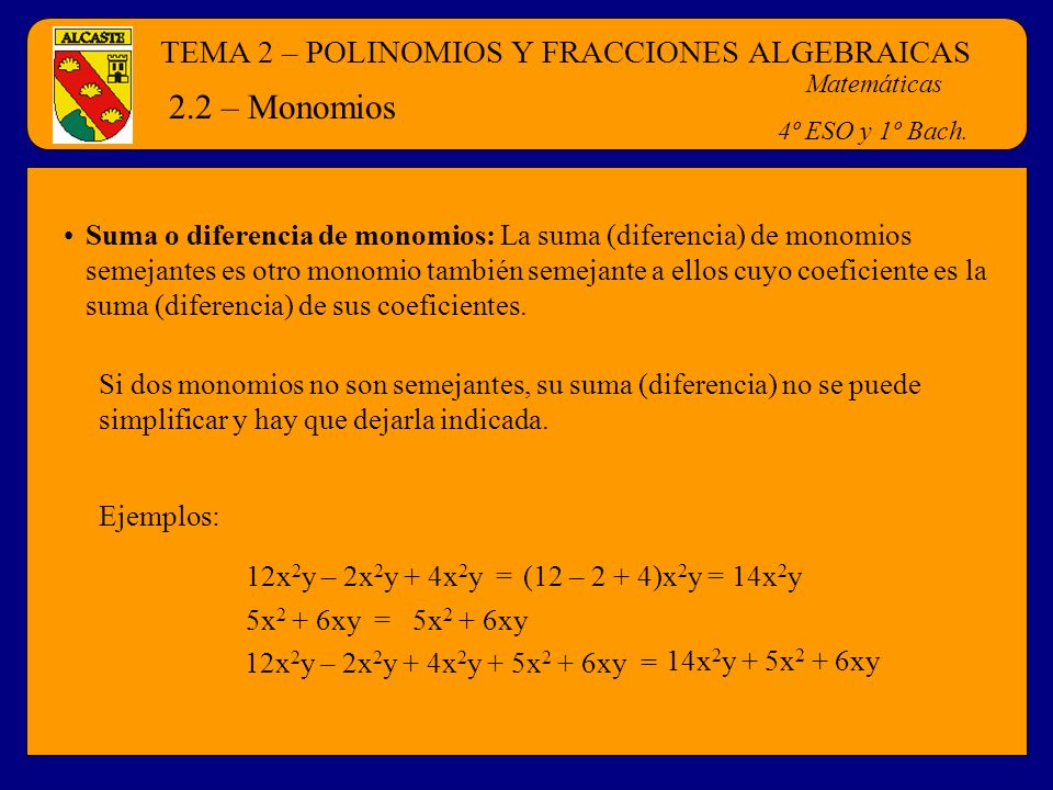 2.2 – Monomios TEMA 2 – POLINOMIOS Y FRACCIONES ALGEBRAICAS