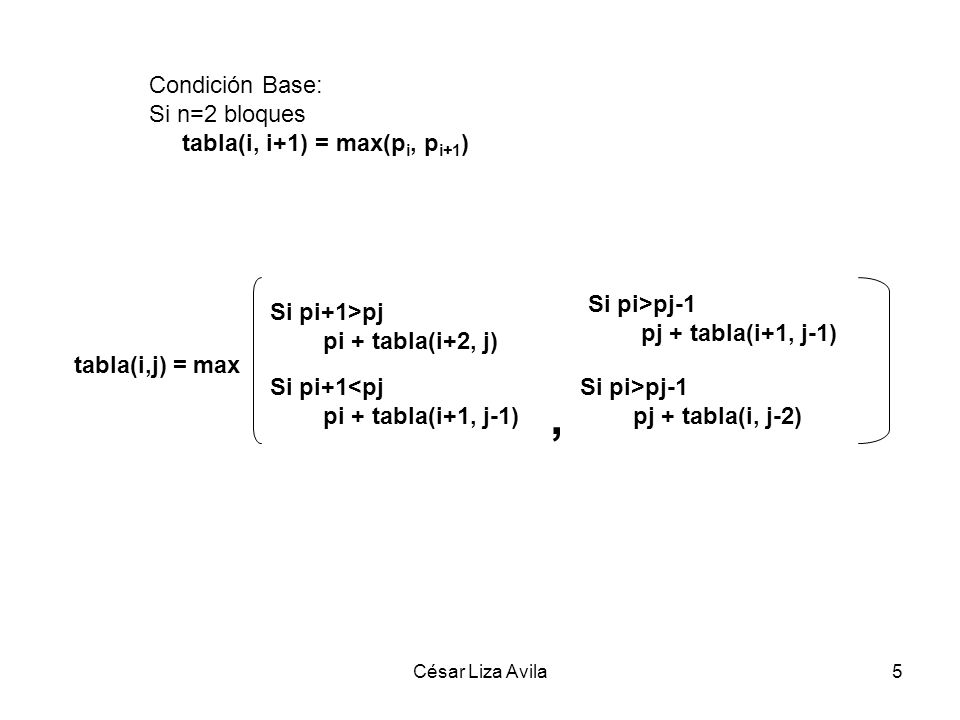 , Condición Base: Si n=2 bloques tabla(i, i+1) = max(pi, pi+1)