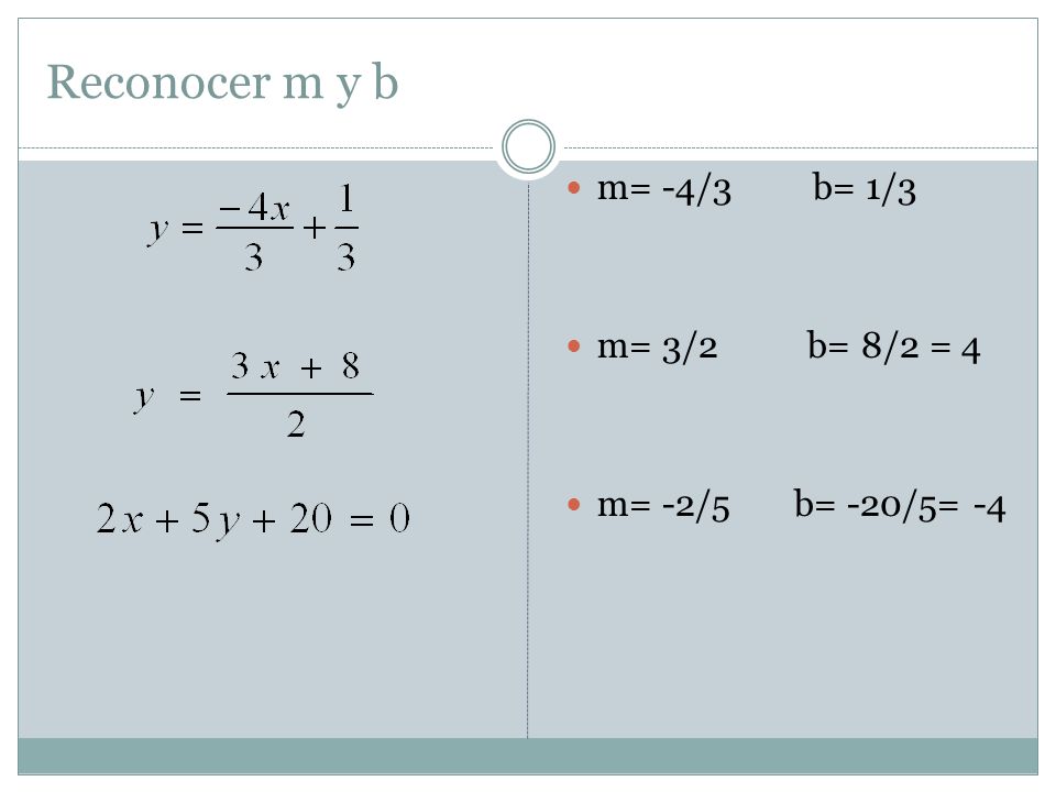 Reconocer m y b m= -4/3 b= 1/3 m= 3/2 b= 8/2 = 4 m= -2/5 b= -20/5= -4
