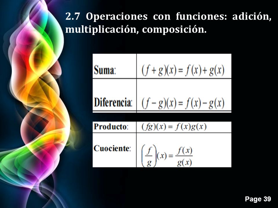 2.7 Operaciones con funciones: adición, multiplicación, composición.