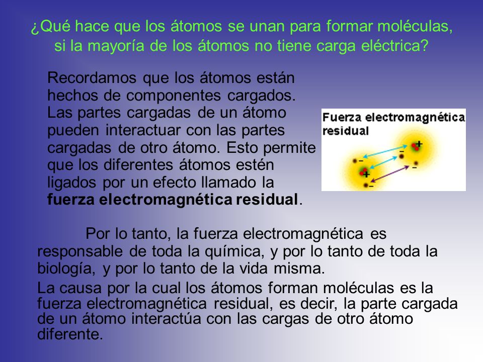 ¿Qué hace que los átomos se unan para formar moléculas, si la mayoría de los átomos no tiene carga eléctrica
