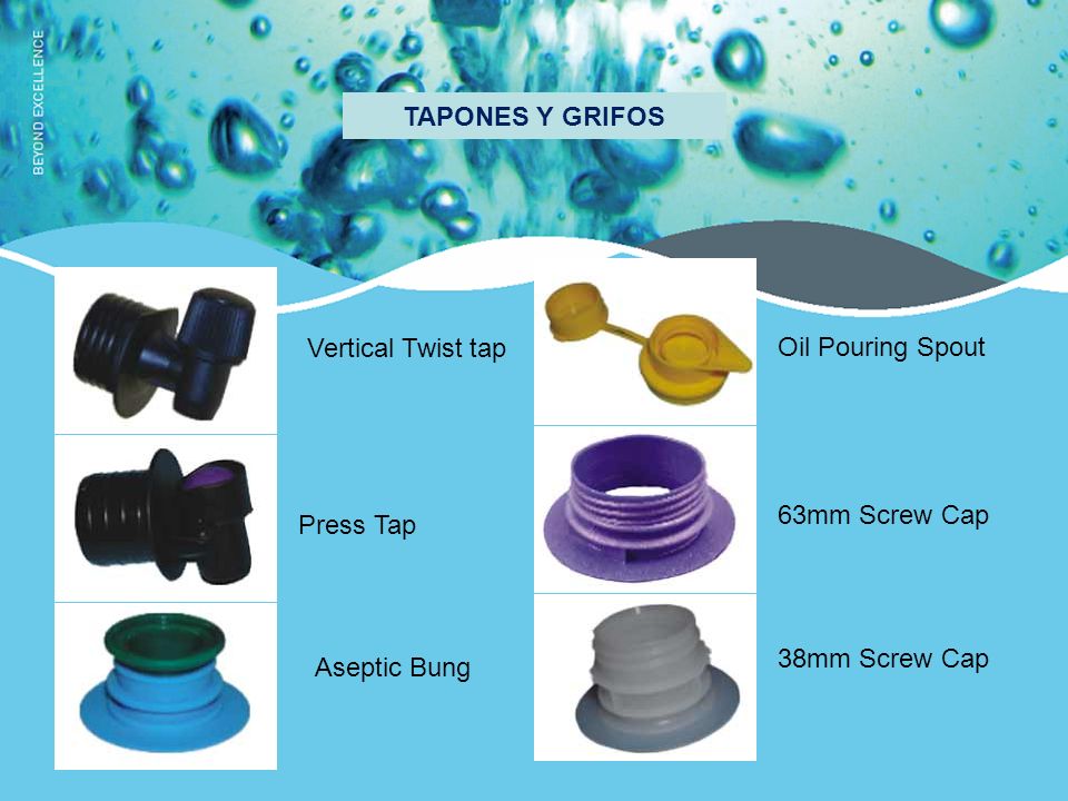 TAPONES Y GRIFOS Vertical Twist tap. Oil Pouring Spout. 63mm Screw Cap. Press Tap. 38mm Screw Cap.
