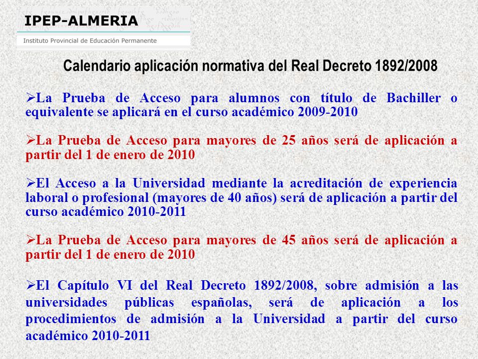 Calendario aplicación normativa del Real Decreto 1892/2008