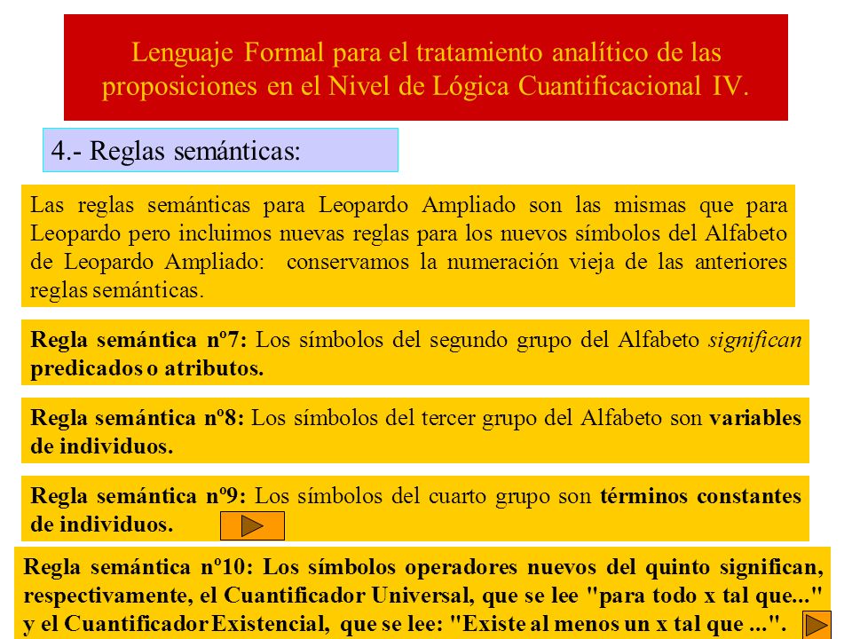 Lenguaje Formal para el tratamiento analítico de las proposiciones en el Nivel de Lógica Cuantificacional IV.
