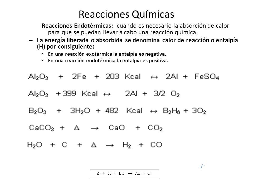Reacciones Químicas Reacciones Endotérmicas: cuando es necesario la absorción de calor para que se puedan llevar a cabo una reacción química.