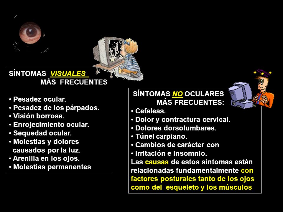 SÍNTOMAS VISUALES MÁS FRECUENTES. Pesadez ocular. Pesadez de los párpados. Visión borrosa. Enrojecimiento ocular.