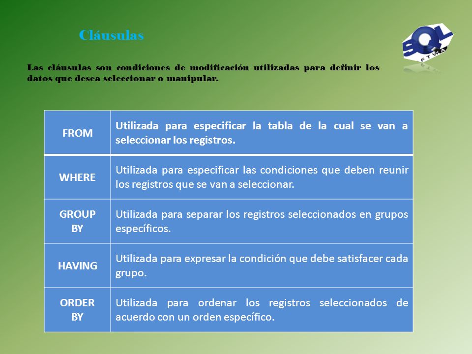 Cláusulas Las cláusulas son condiciones de modificación utilizadas para definir los datos que desea seleccionar o manipular.