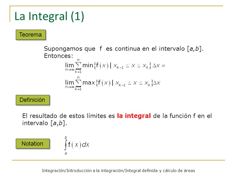 La Integral (1) Teorema. Supongamos que f es continua en el intervalo [a,b]. Entonces: Definición.
