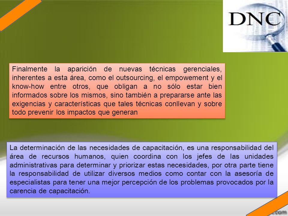 Finalmente la aparición de nuevas técnicas gerenciales, inherentes a esta área, como el outsourcing, el empowement y el know-how entre otros, que obligan a no sólo estar bien informados sobre los mismos, sino también a prepararse ante las exigencias y características que tales técnicas conllevan y sobre todo prevenir los impactos que generan