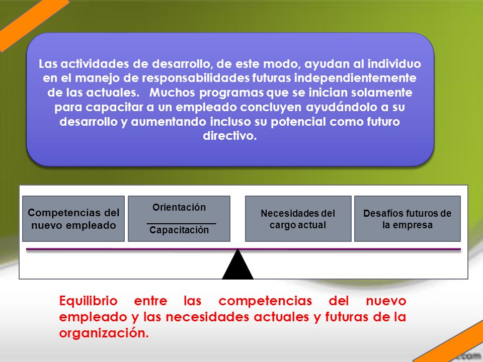 Las actividades de desarrollo, de este modo, ayudan al individuo en el manejo de responsabilidades futuras independientemente de las actuales. Muchos programas que se inician solamente para capacitar a un empleado concluyen ayudándolo a su desarrollo y aumentando incluso su potencial como futuro directivo.
