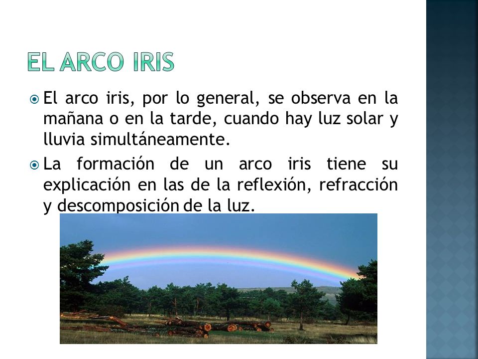 El arco iris El arco iris, por lo general, se observa en la mañana o en la tarde, cuando hay luz solar y lluvia simultáneamente.