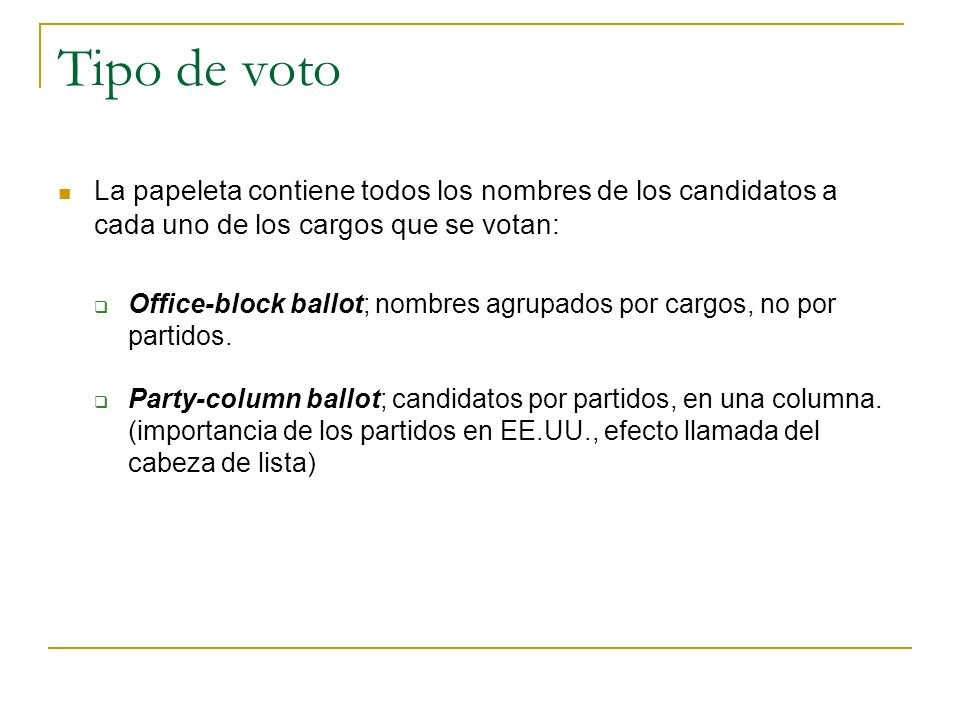Tipo de voto La papeleta contiene todos los nombres de los candidatos a cada uno de los cargos que se votan: