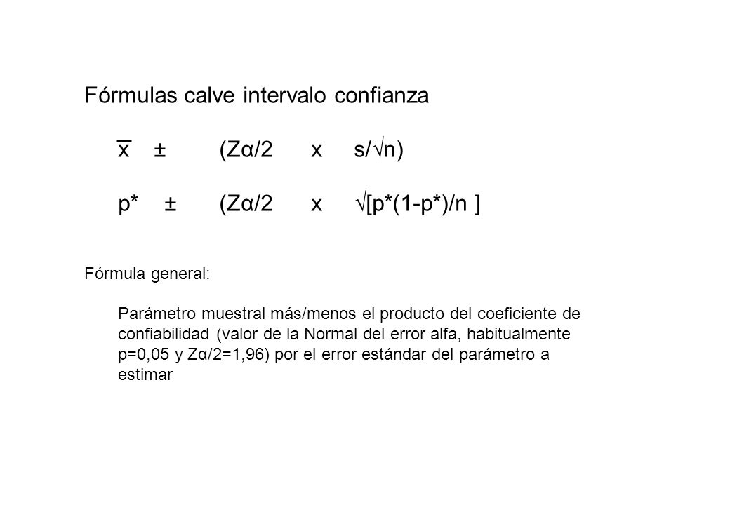 Fórmulas calve intervalo confianza x ± (Zα/2 x s/√n)