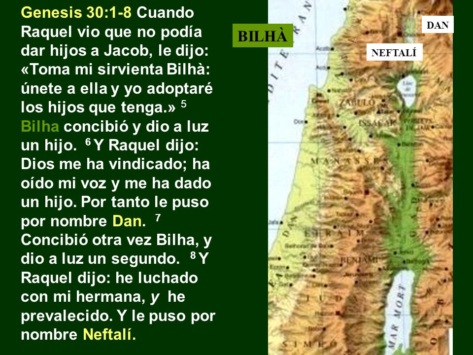 Genesis 30:1-8 Cuando Raquel vio que no podía dar hijos a Jacob, le dijo: «Toma mi sirvienta Bilhà: únete a ella y yo adoptaré los hijos que tenga.» 5 Bilha concibió y dio a luz un hijo. 6 Y Raquel dijo: Dios me ha vindicado; ha oído mi voz y me ha dado un hijo. Por tanto le puso por nombre Dan. 7 Concibió otra vez Bilha, y dio a luz un segundo. 8 Y Raquel dijo: he luchado con mi hermana, y he prevalecido. Y le puso por nombre Neftalí.