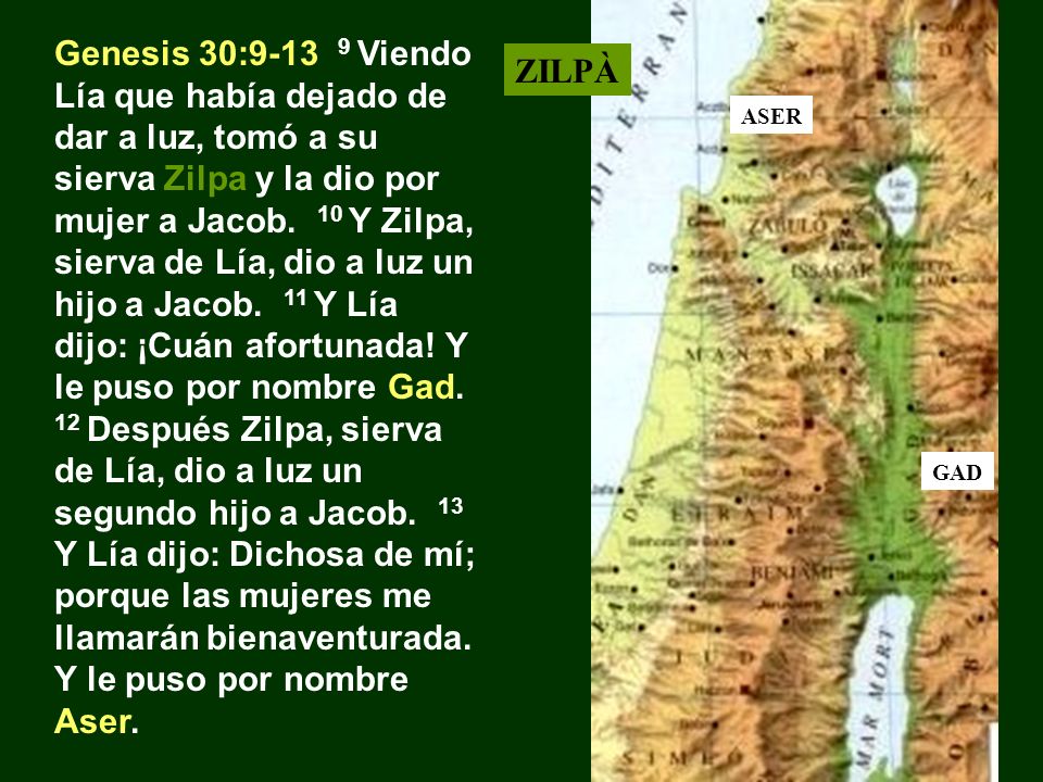 Genesis 30: Viendo Lía que había dejado de dar a luz, tomó a su sierva Zilpa y la dio por mujer a Jacob. 10 Y Zilpa, sierva de Lía, dio a luz un hijo a Jacob. 11 Y Lía dijo: ¡Cuán afortunada! Y le puso por nombre Gad. 12 Después Zilpa, sierva de Lía, dio a luz un segundo hijo a Jacob. 13 Y Lía dijo: Dichosa de mí; porque las mujeres me llamarán bienaventurada. Y le puso por nombre Aser.