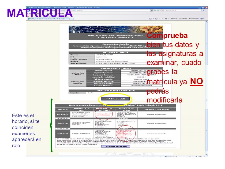 MATRICULA Comprueba bien tus datos y las asignaturas a examinar, cuado grabes la matrícula ya NO podrás modificarla.