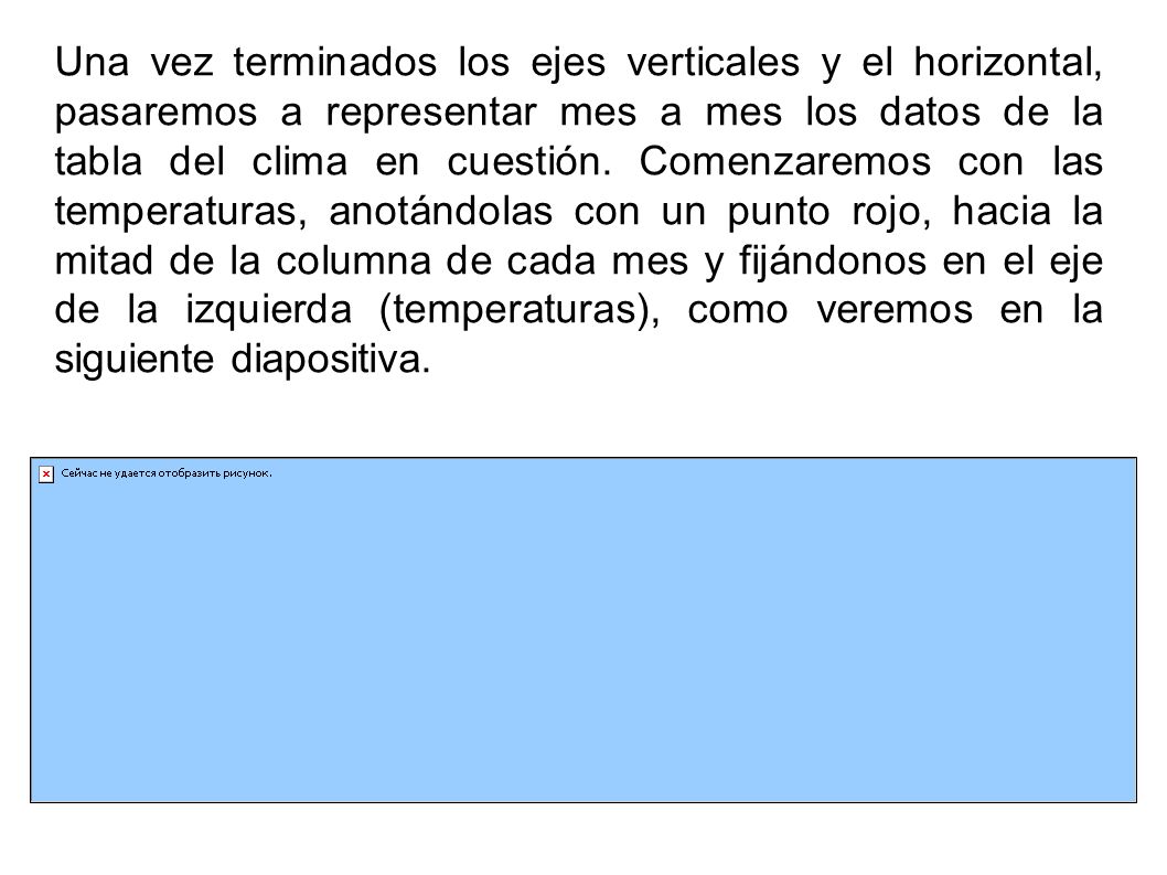Una vez terminados los ejes verticales y el horizontal, pasaremos a representar mes a mes los datos de la tabla del clima en cuestión. Comenzaremos con las temperaturas, anotándolas con un punto rojo, hacia la mitad de la columna de cada mes y fijándonos en el eje de la izquierda (temperaturas), como veremos en la siguiente diapositiva.