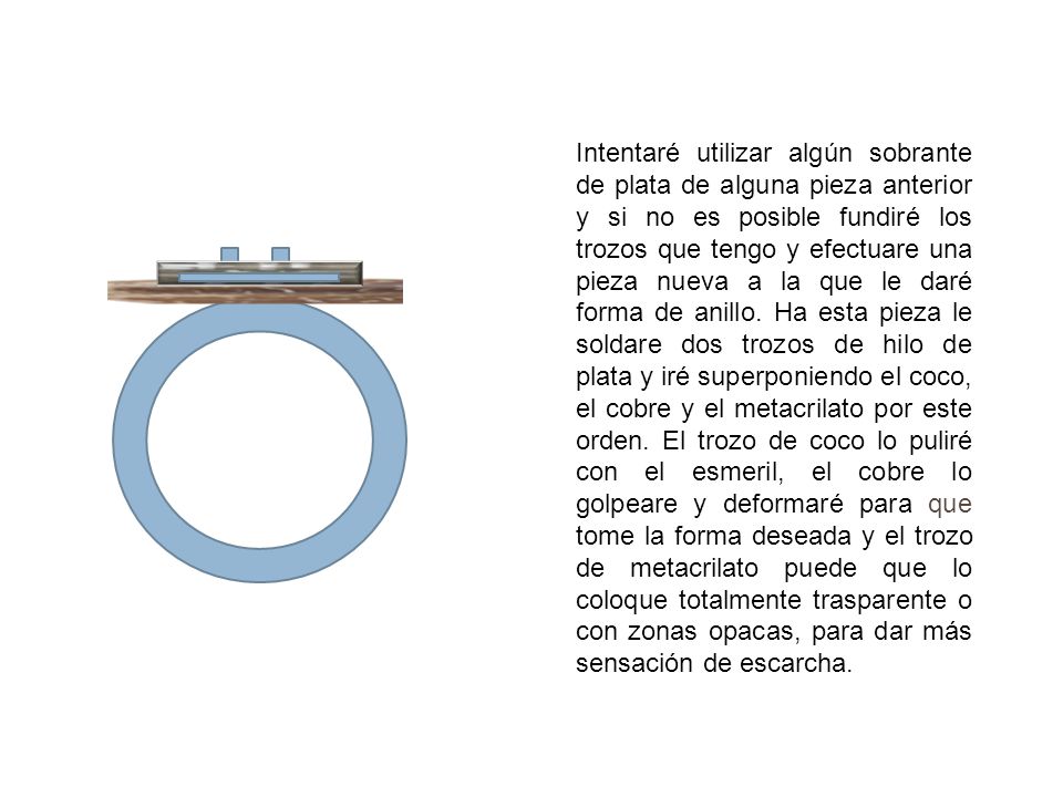Intentaré utilizar algún sobrante de plata de alguna pieza anterior y si no es posible fundiré los trozos que tengo y efectuare una pieza nueva a la que le daré forma de anillo.