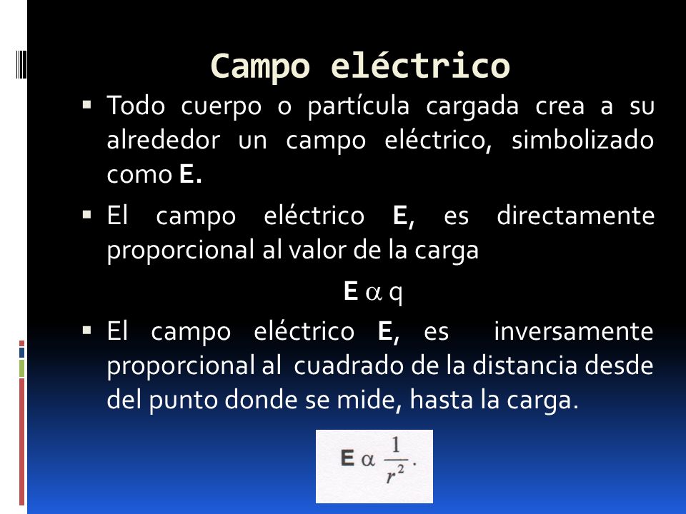 Campo eléctrico Todo cuerpo o partícula cargada crea a su alrededor un campo eléctrico, simbolizado como E.
