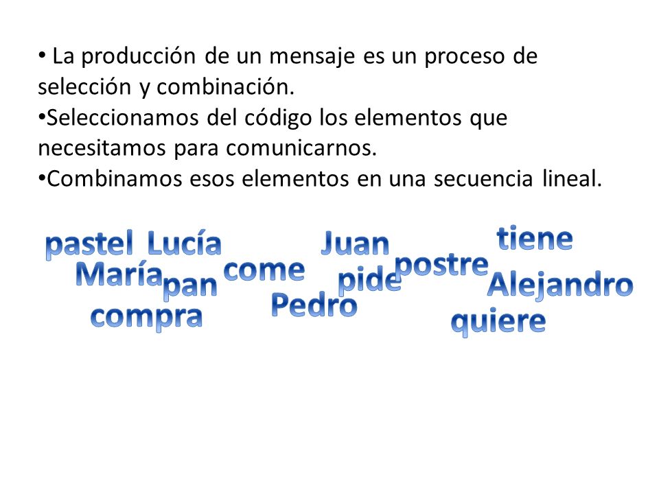 tiene pastel Lucía Juan postre come María pide pan Alejandro Pedro