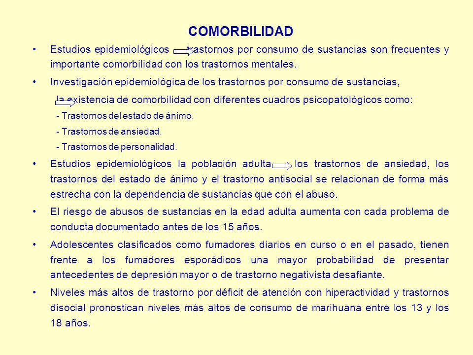 COMORBILIDAD Estudios epidemiológicos trastornos por consumo de sustancias son frecuentes y importante comorbilidad con los trastornos mentales.
