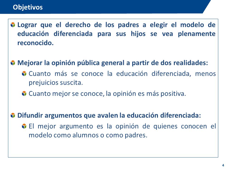 Objetivos Lograr que el derecho de los padres a elegir el modelo de educación diferenciada para sus hijos se vea plenamente reconocido.