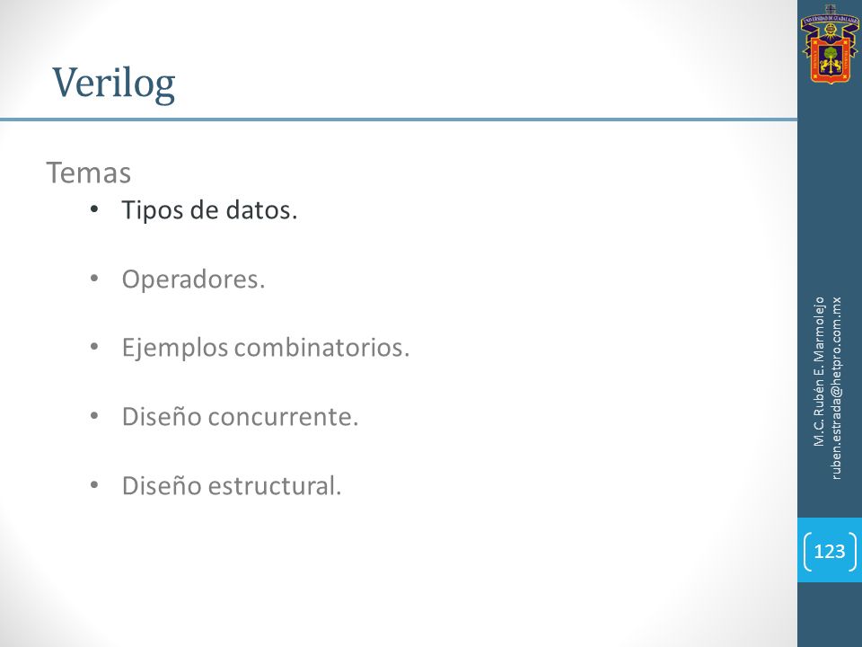 Verilog Temas Tipos de datos. Operadores. Ejemplos combinatorios.
