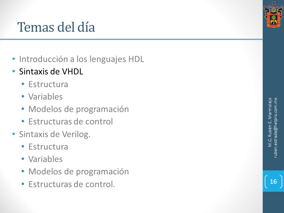 Temas del día Introducción a los lenguajes HDL Sintaxis de VHDL