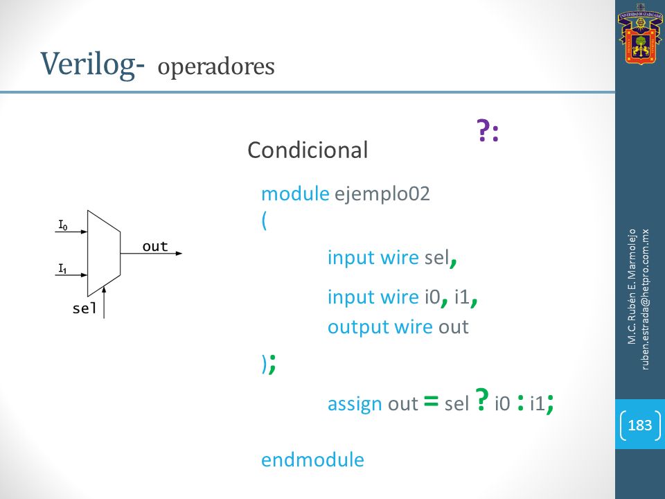 Verilog- operadores : Condicional module ejemplo02 ( input wire sel,
