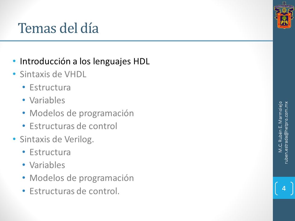 Temas del día Introducción a los lenguajes HDL Sintaxis de VHDL
