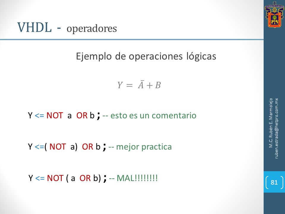 VHDL - operadores Ejemplo de operaciones lógicas 𝑌= 𝐴 +𝐵