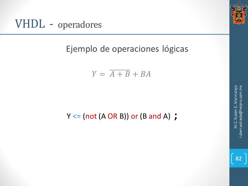 VHDL - operadores Ejemplo de operaciones lógicas 𝑌= 𝐴+𝐵 +𝐵𝐴