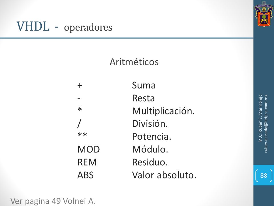 VHDL - operadores Aritméticos + Suma - Resta * Multiplicación.
