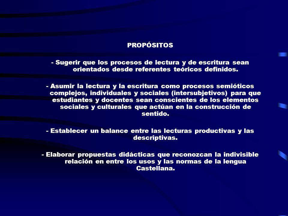 PROPÓSITOS - Sugerir que los procesos de lectura y de escritura sean orientados desde referentes teóricos definidos.