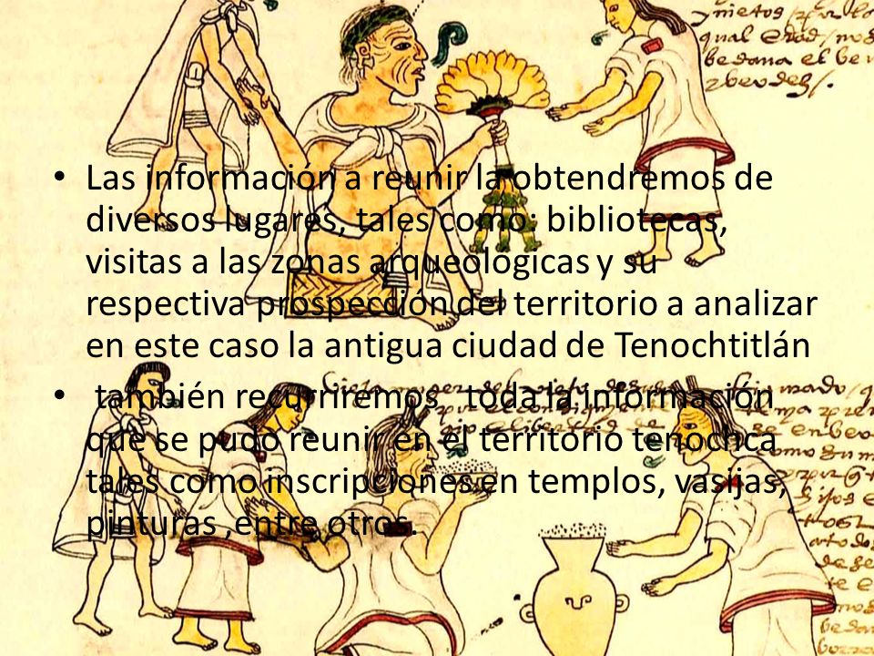 Las información a reunir la obtendremos de diversos lugares, tales como: bibliotecas, visitas a las zonas arqueológicas y su respectiva prospección del territorio a analizar en este caso la antigua ciudad de Tenochtitlán